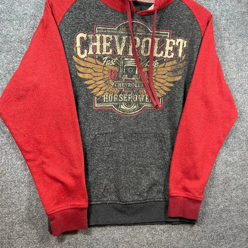 GM Chevrolet Hoodie Adult Medium 38/40 Distressed Gray/Red Drawstring Muscle Car